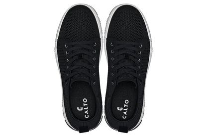 CALTO X2322 knit elevator sneaker in black and white, styled photo