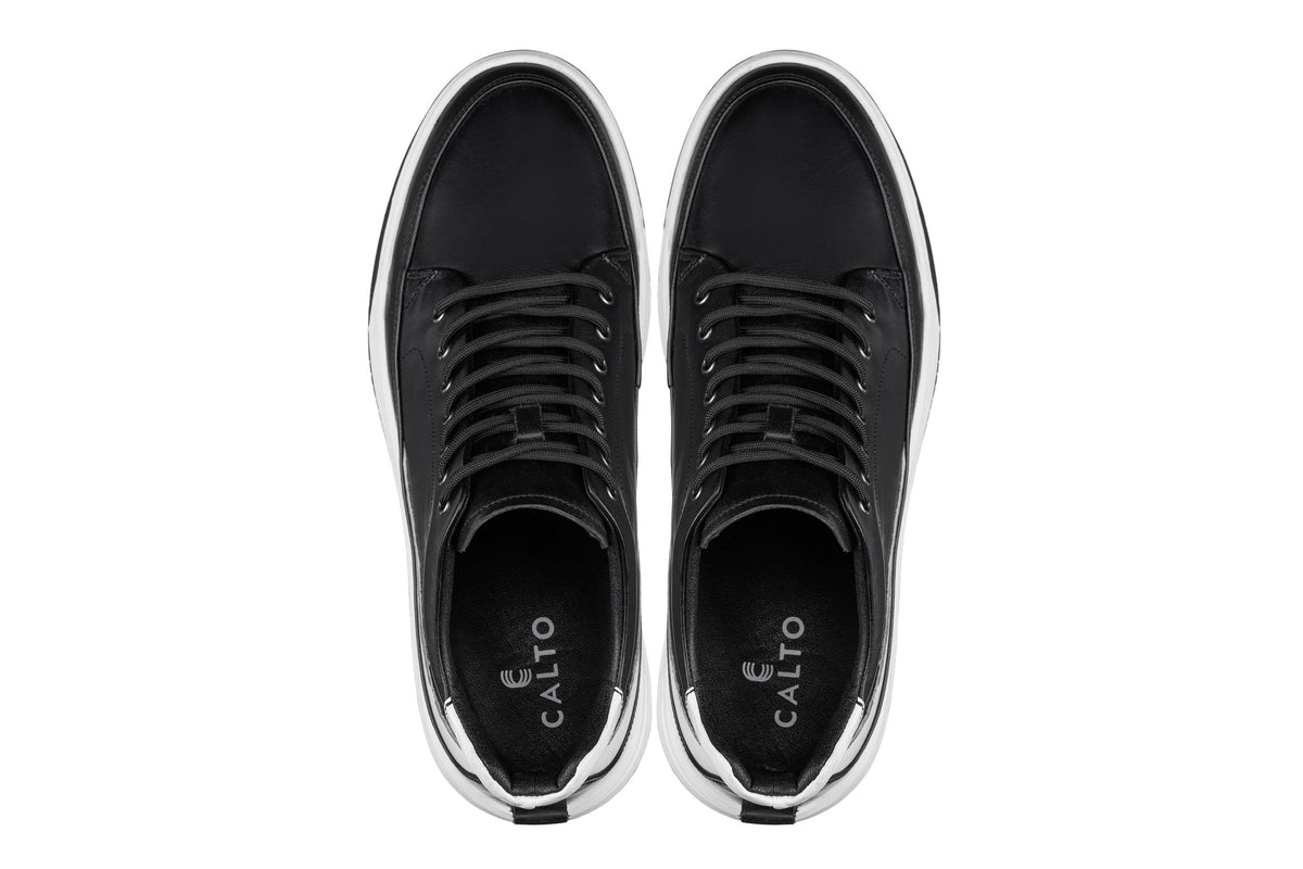 CALTO Y7150 leather elevator sneak-boot in black, styled photo