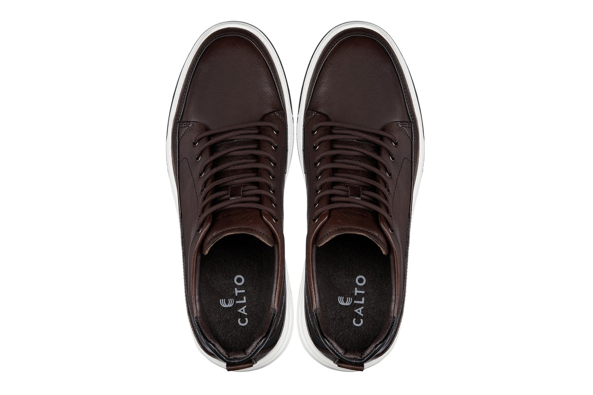 CALTO Y7152 leather elevator sneak-boot in coffee brown, styled photo