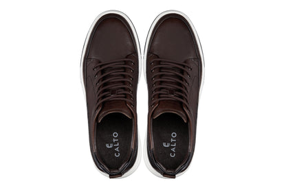 CALTO Y7152 leather elevator sneak-boot in coffee brown, styled photo