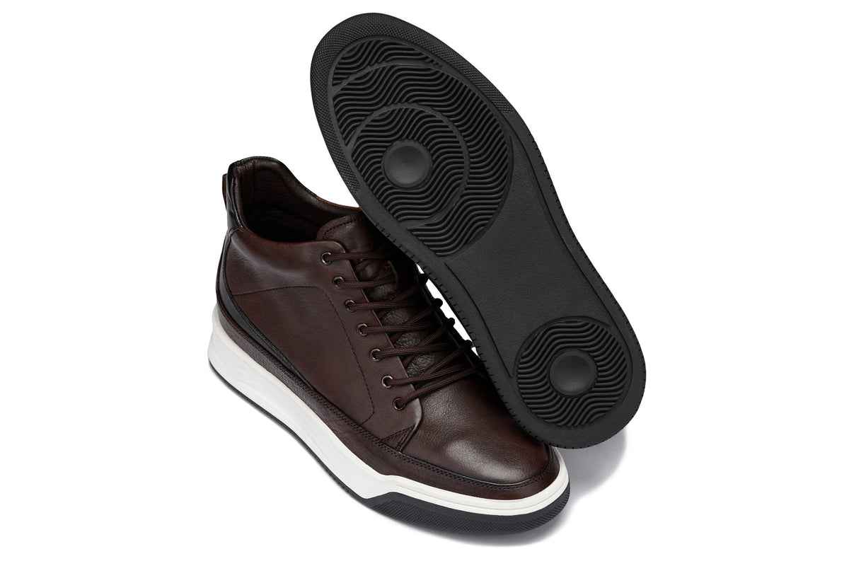 CALTO Y7152 leather elevator sneak-boot in coffee brown, additional detail, close view