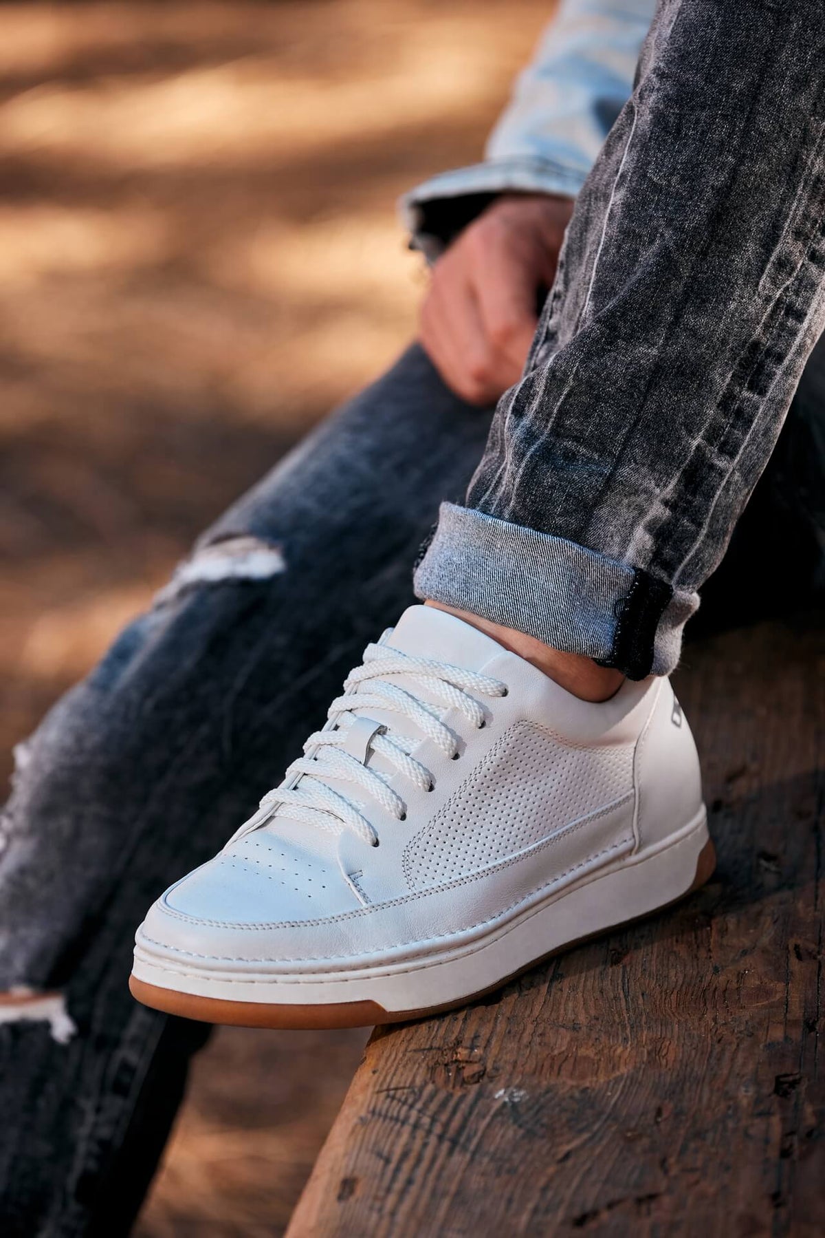 CALTO Y7932 white micro-perforated oxhide sneaker with gum sole, second product photo