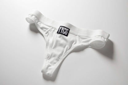 White men's underwear with a logo on a white background