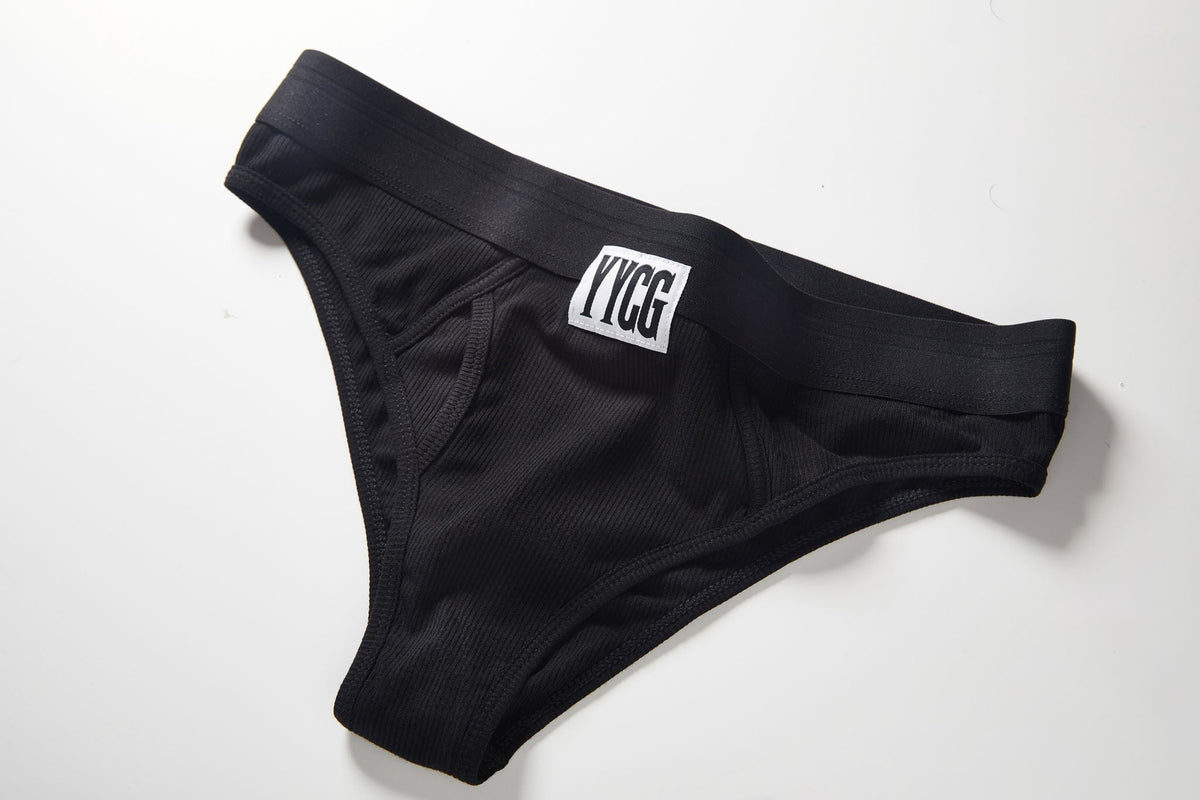 Black men's underwear with a logo on a white background