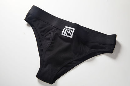 Black men's underwear with a logo on a white background
