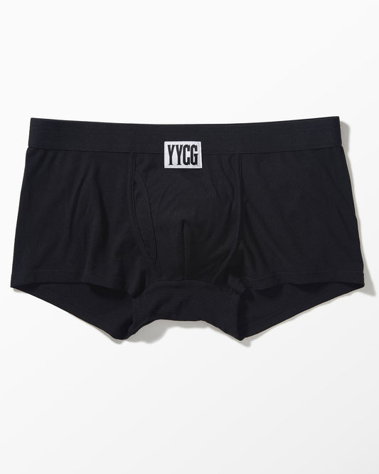 Black boxer briefs with a visible brand logo on a white background