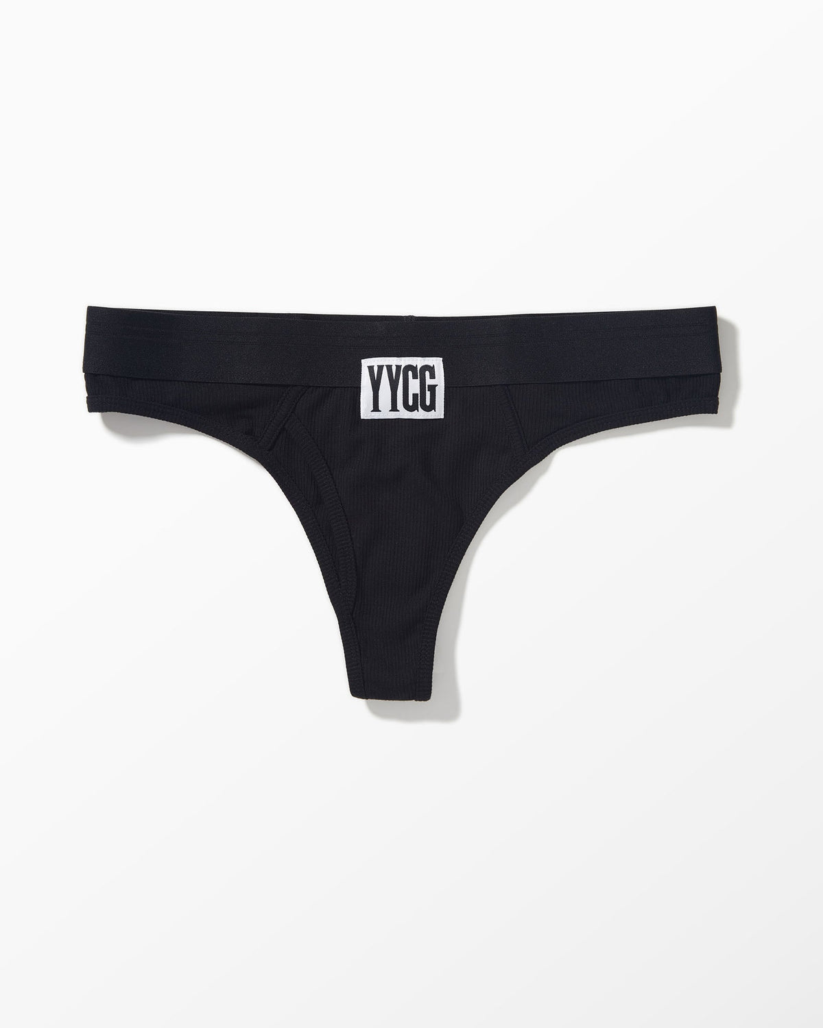 Black thong with 'YYC' logo on a white background