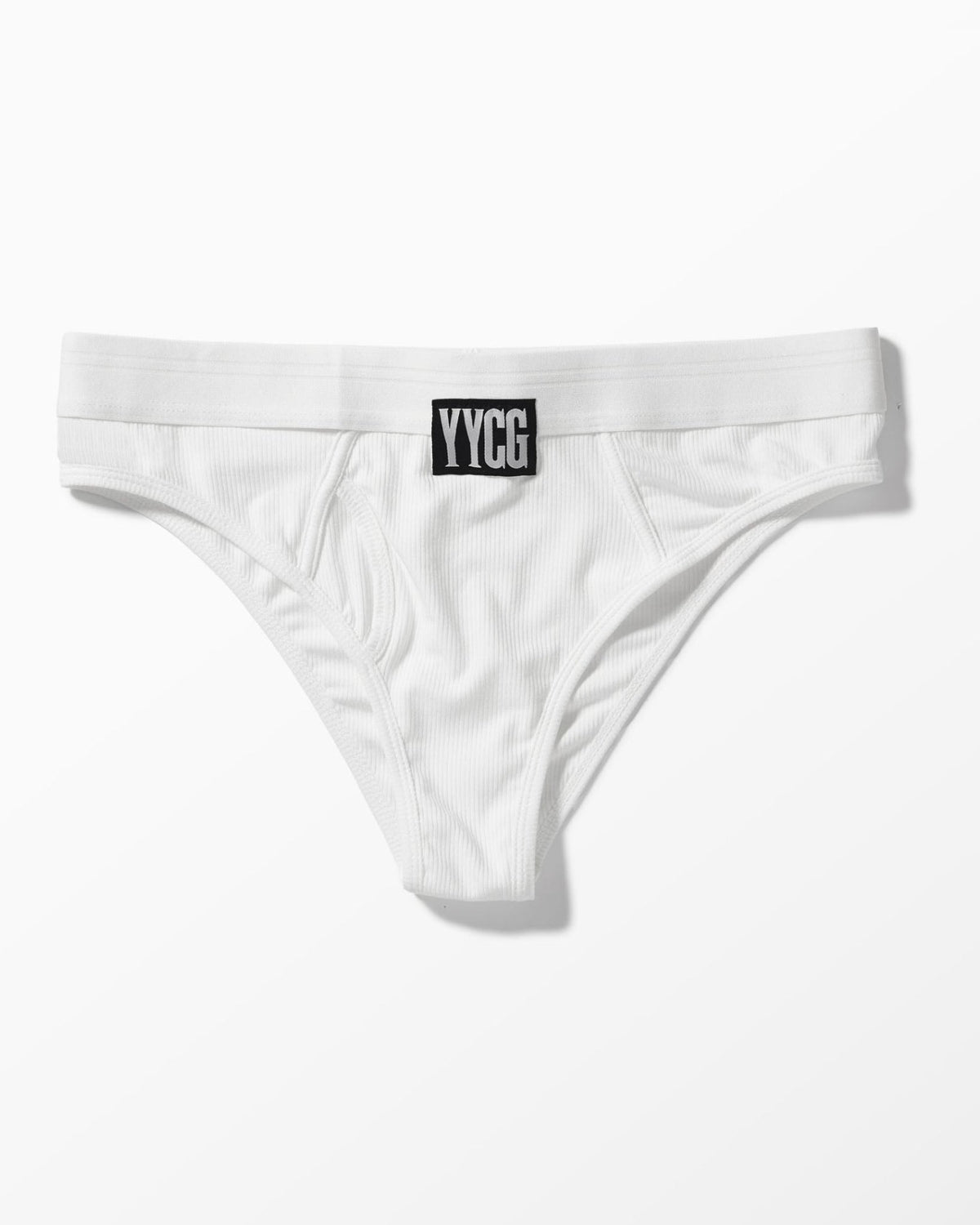 White men's underwear with 'YYC' label on a white background