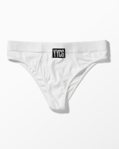 White men's underwear with 'YYC' label on a white background