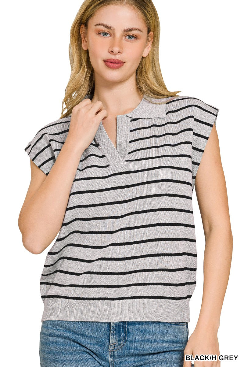 Zenana viscose striped collared sweater vest in Black/H Grey, alternate view