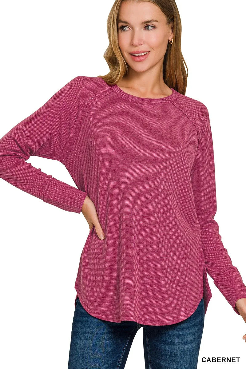 Zenana baby waffle long sleeve top in Cabernet, product photo