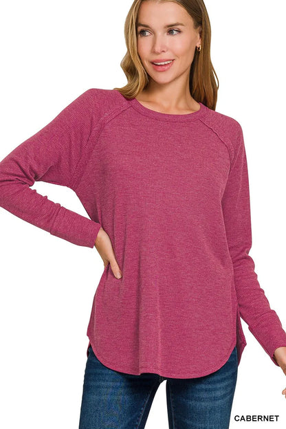Zenana baby waffle long sleeve top in Cabernet, product photo
