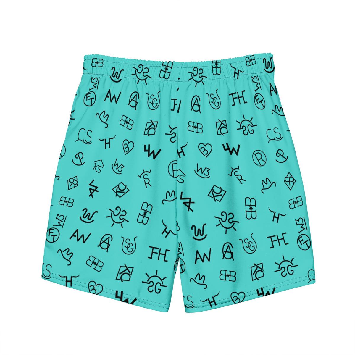 Baha Ranch Yeehaw Turquoise Cattle Brands men's swim trunks, back view
