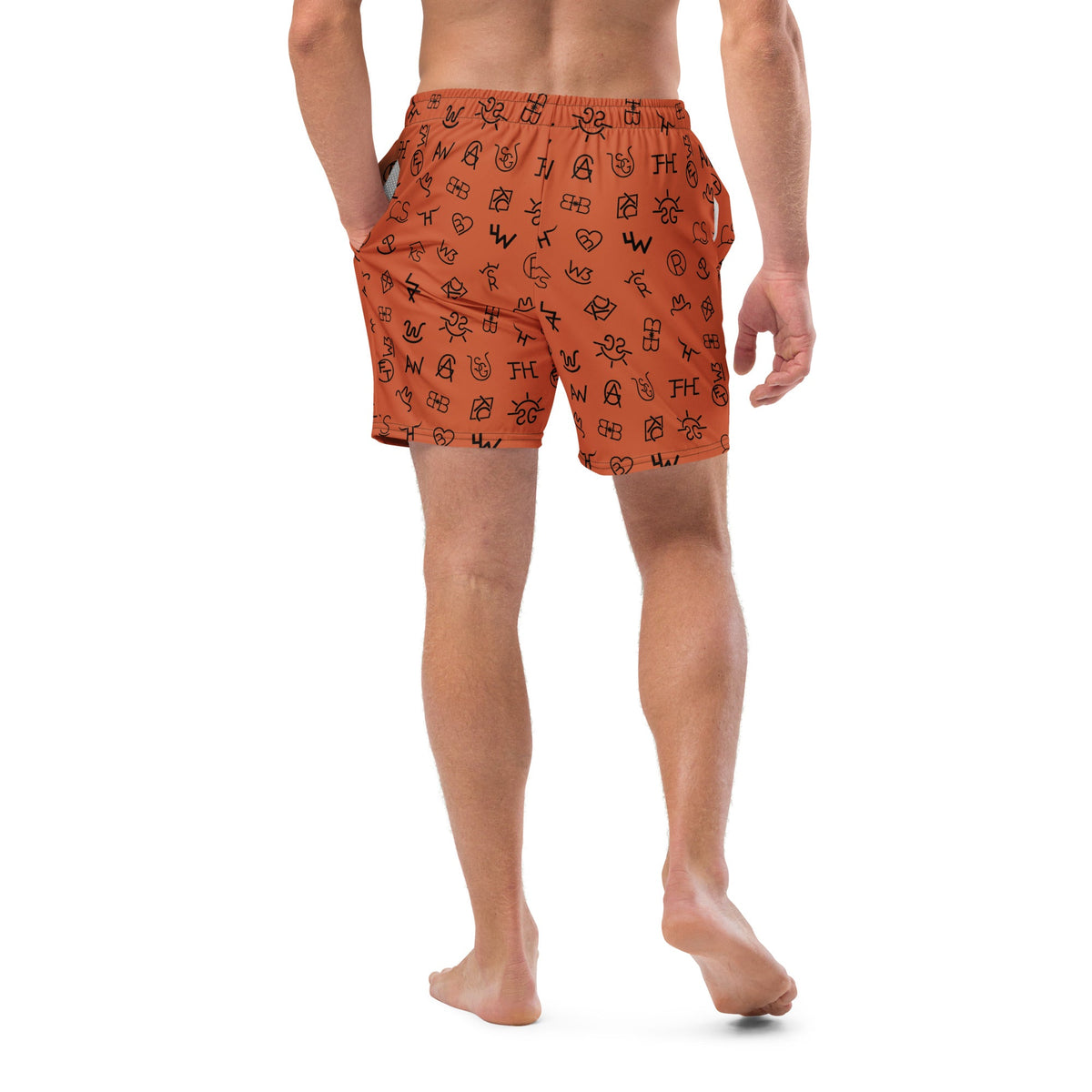 Baha Ranch Yeehaw Brown Cattle Brands men's swim trunks, back view