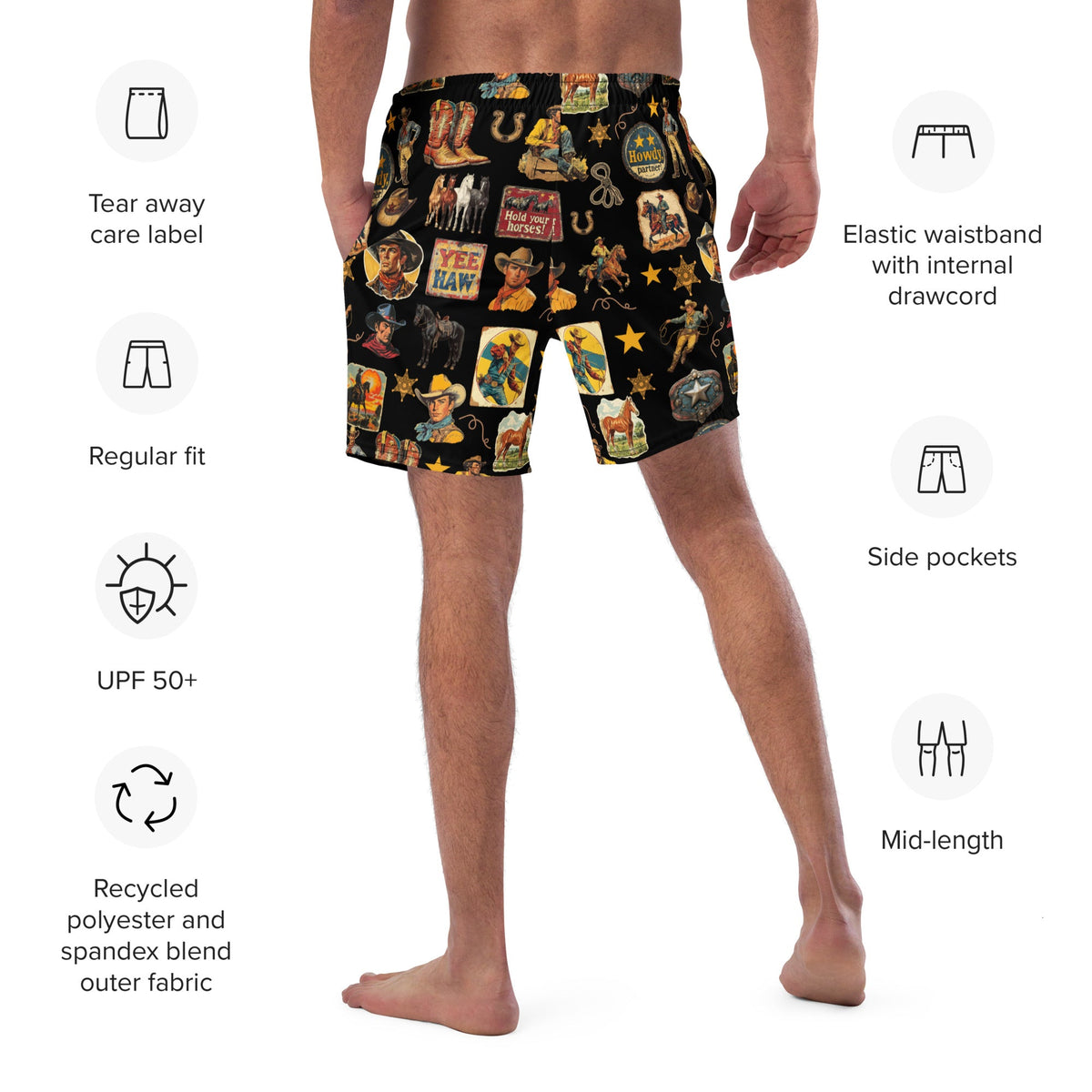 Baha Ranch Yeehaw Vintage Cowboy Collage western swim trunks, back view (2)