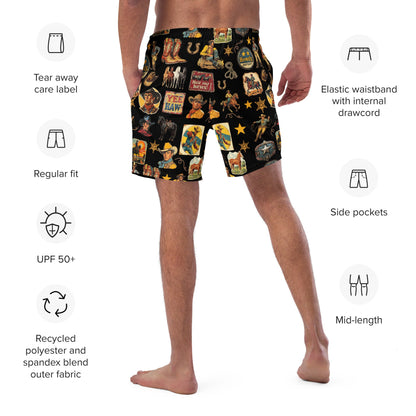 Baha Ranch Yeehaw Vintage Cowboy Collage western swim trunks, back view (2)