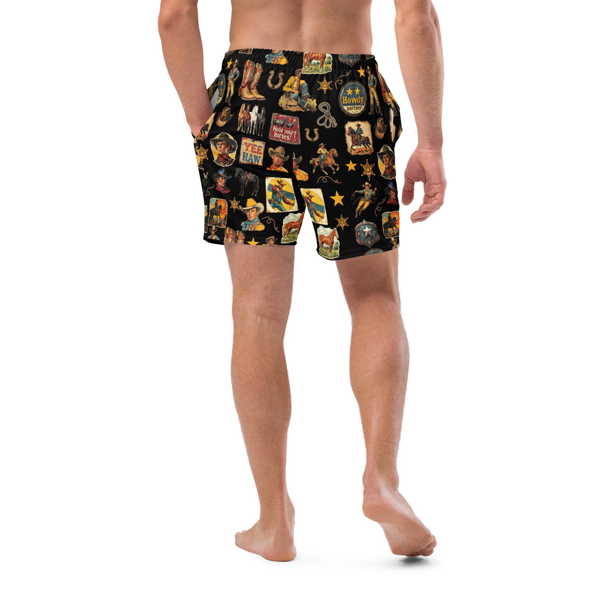 Baha Ranch Yeehaw Vintage Cowboy Collage western swim trunks, back view