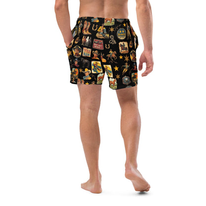 Baha Ranch Yeehaw Vintage Cowboy Collage western swim trunks, back view