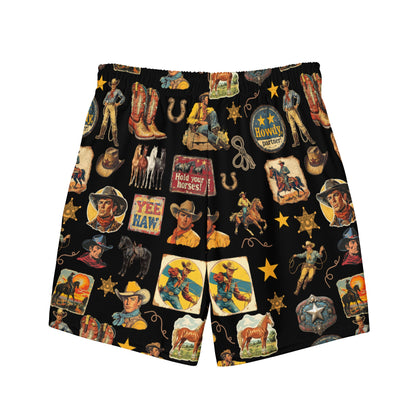 Baha Ranch Yeehaw Vintage Cowboy Collage western swim trunks, back view (3)