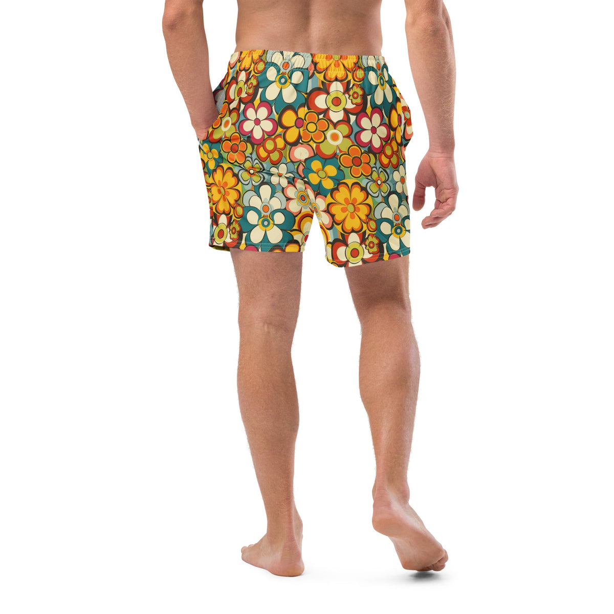 Baha Ranch Yeehaw Woodstock Retro Floral men's swim trunks, back view