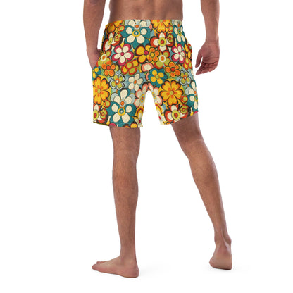 Baha Ranch Yeehaw Woodstock Retro Floral men's swim trunks, back view (2)