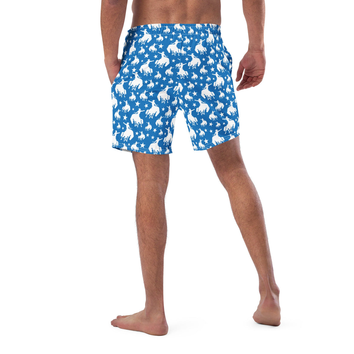 Baha Ranch Yeehaw Blue Rodeo Cowboy men's swim trunks, back view (2)