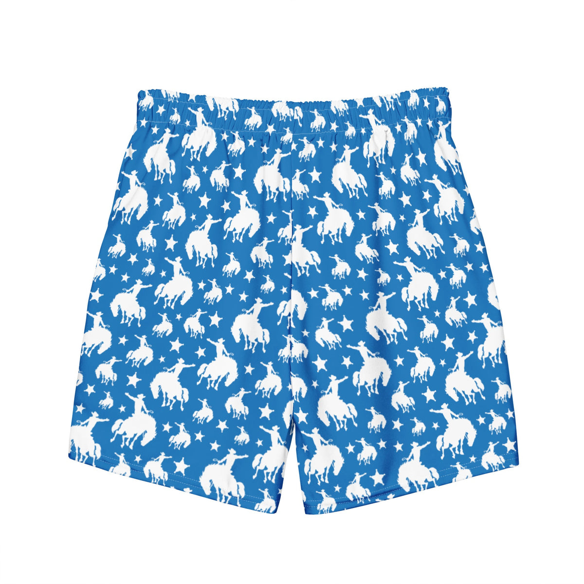 Baha Ranch Yeehaw Blue Rodeo Cowboy men's swim trunks, back view (3)