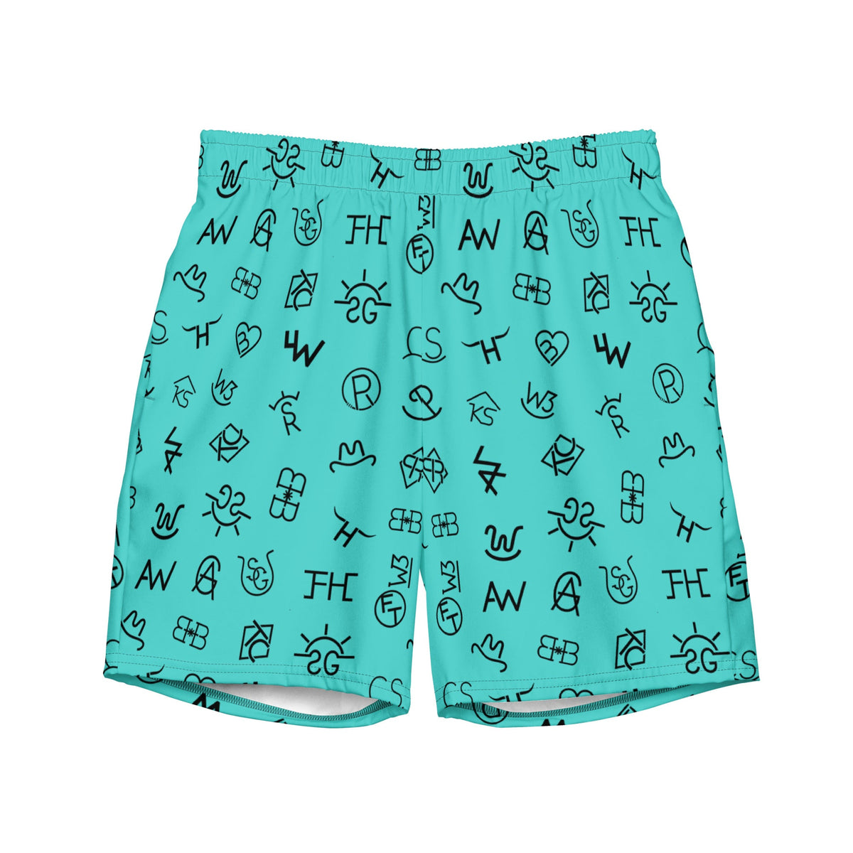 Baha Ranch Yeehaw Turquoise Cattle Brands men's swim trunks, front view