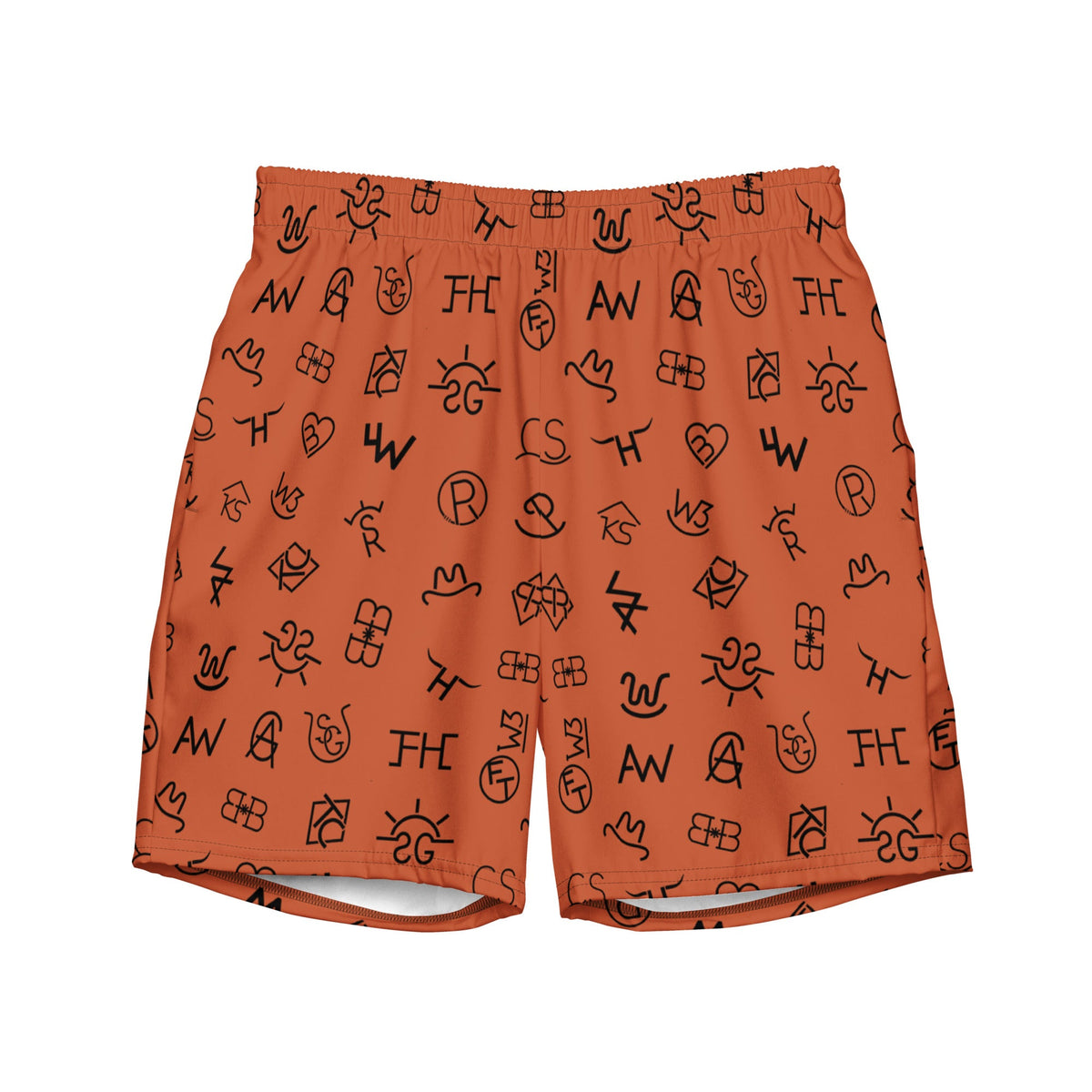 Baha Ranch Yeehaw Brown Cattle Brands men's swim trunks, front view
