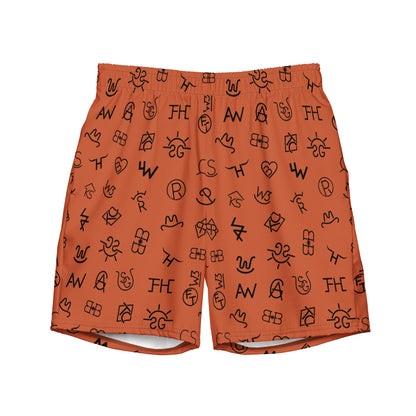 Baha Ranch Yeehaw Brown Cattle Brands men's swim trunks, front view
