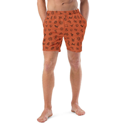 Baha Ranch Yeehaw Brown Cattle Brands men's swim trunks, front view (2)