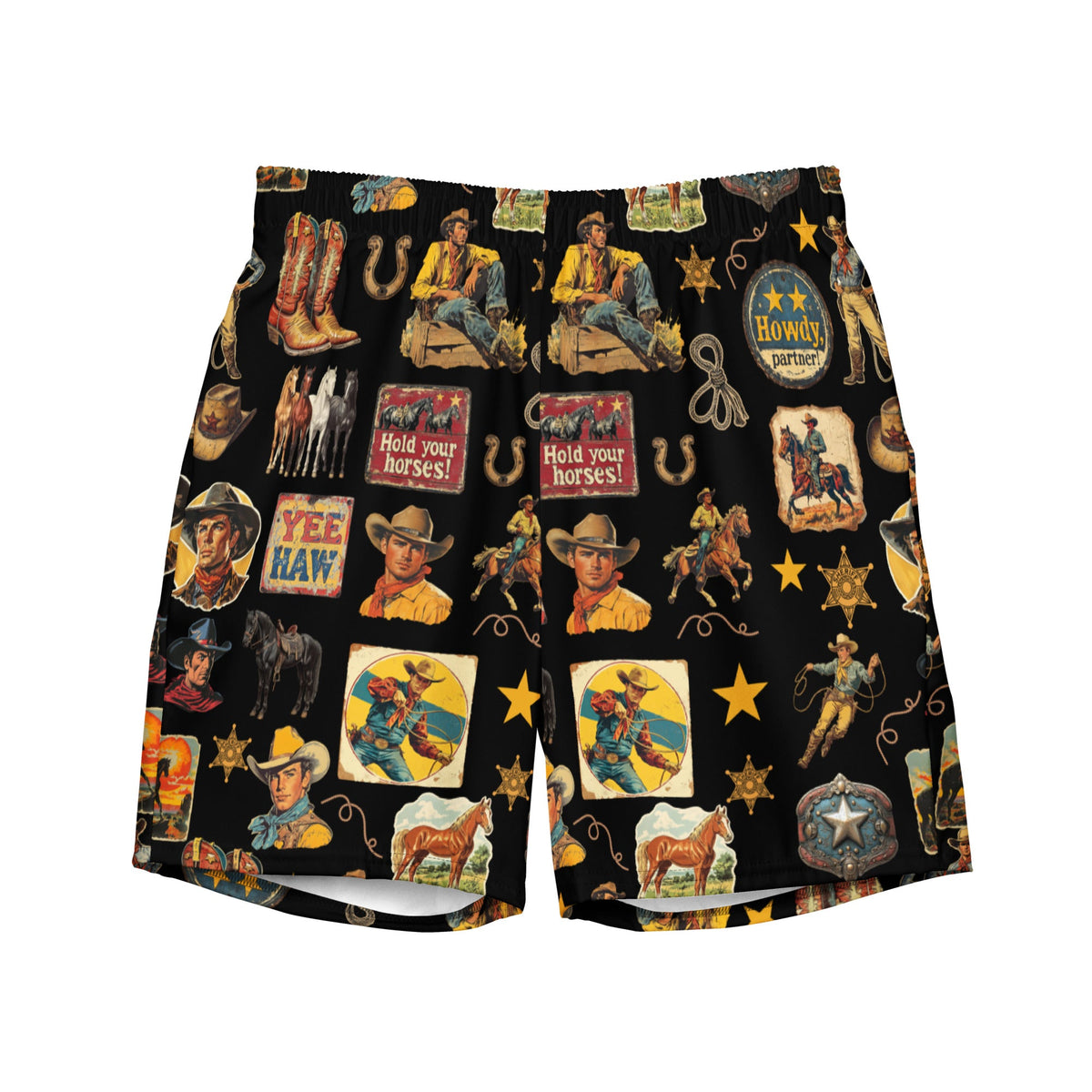 Baha Ranch Yeehaw Vintage Cowboy Collage western swim trunks, front view