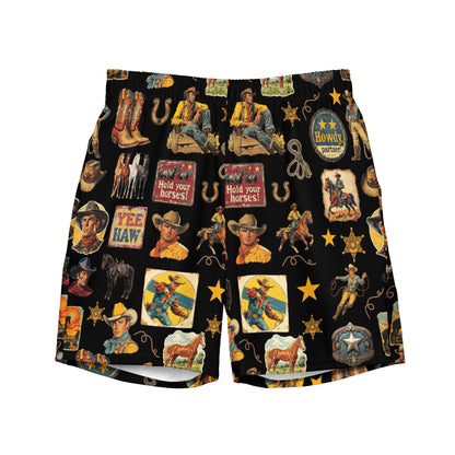 Baha Ranch Yeehaw Vintage Cowboy Collage western swim trunks, front view