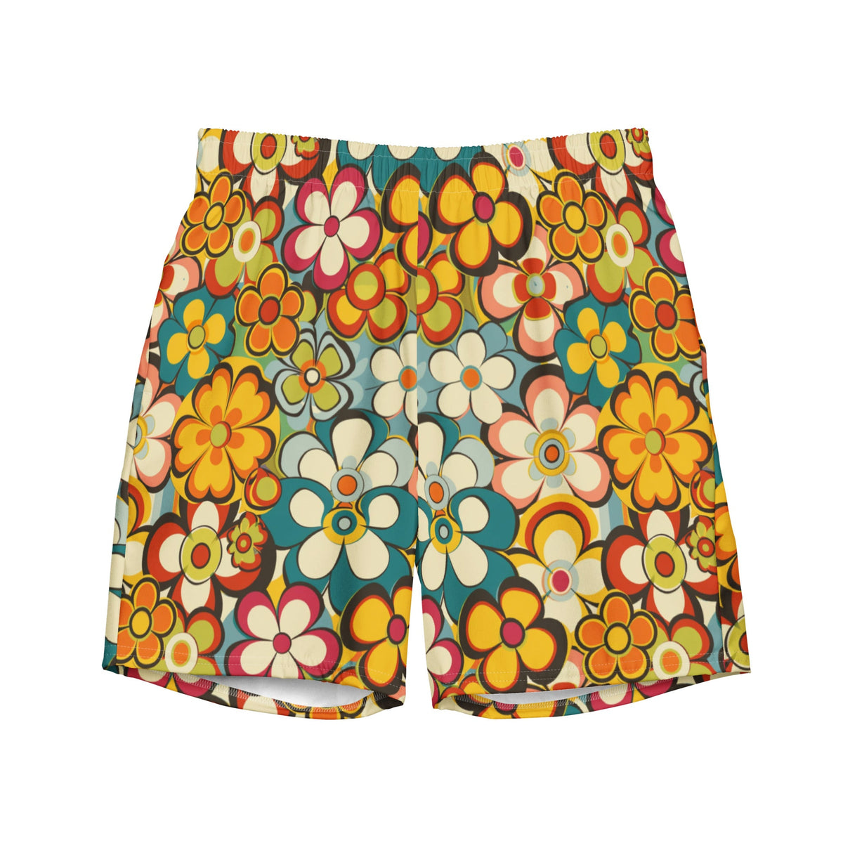 Baha Ranch Yeehaw Woodstock Retro Floral men's swim trunks, front view