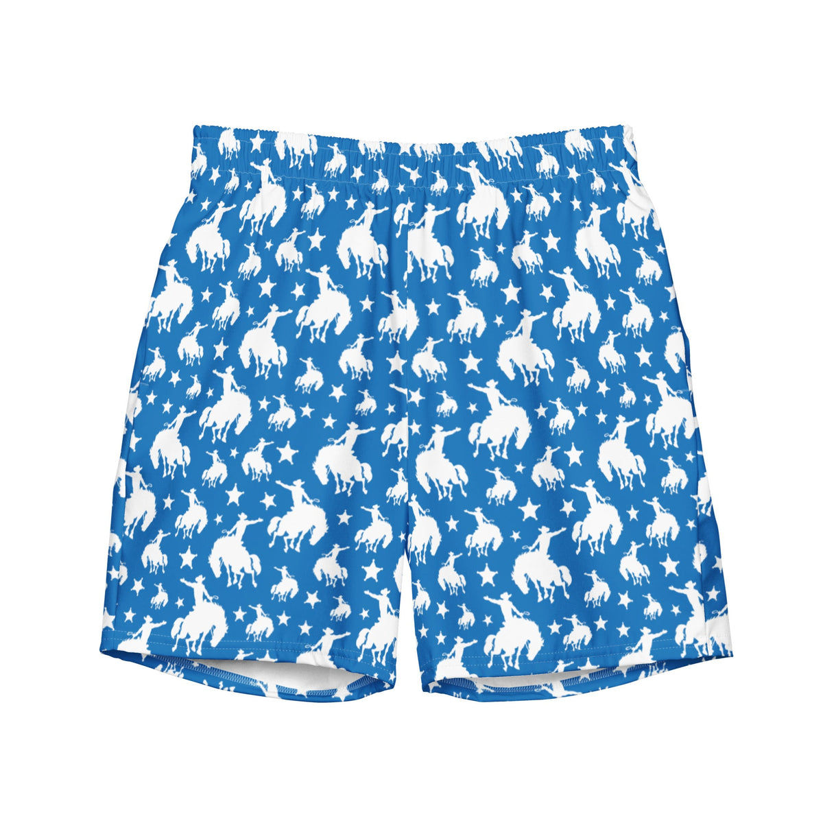 Baha Ranch Yeehaw Blue Rodeo Cowboy men's swim trunks, front view