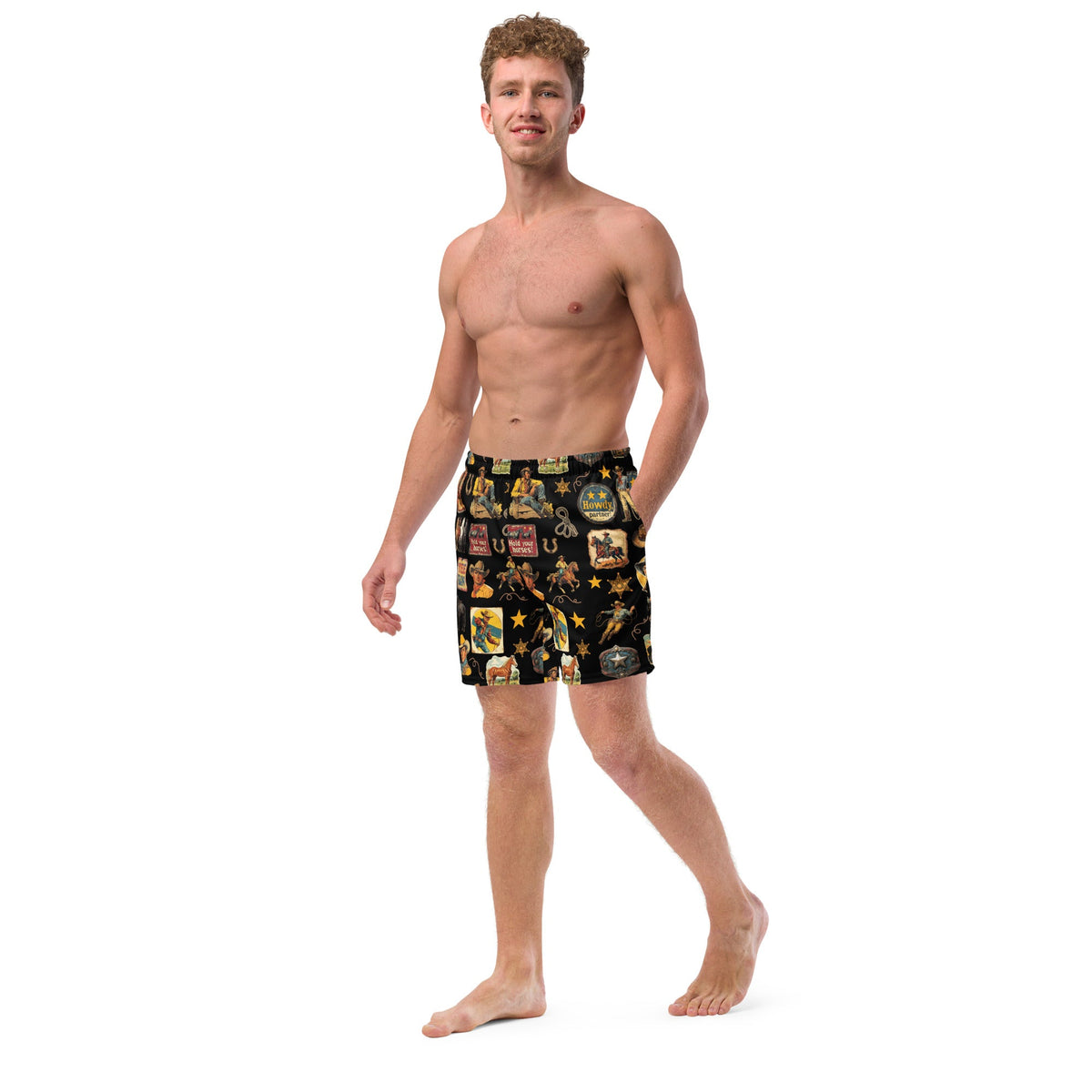 Baha Ranch Yeehaw Vintage Cowboy Collage western swim trunks, left front view