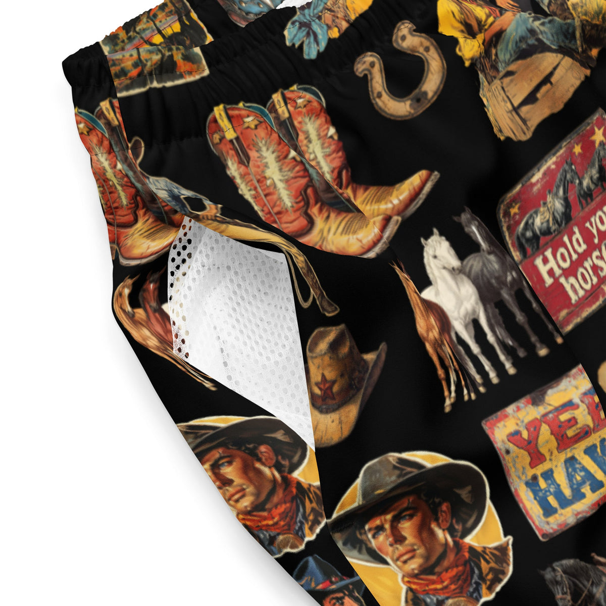 Baha Ranch Yeehaw Vintage Cowboy Collage western swim trunks, product detail view
