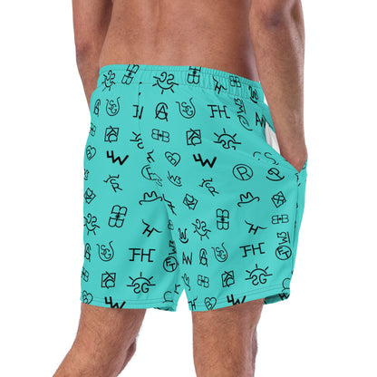 Baha Ranch Yeehaw Turquoise Cattle Brands men's swim trunks, right back view