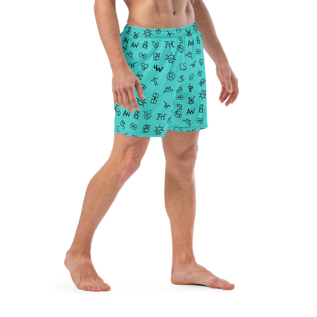 Baha Ranch Yeehaw Turquoise Cattle Brands men's swim trunks, right front view