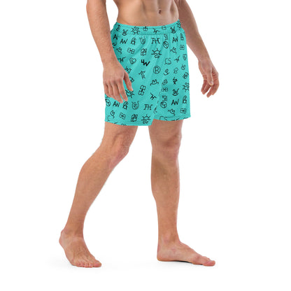 Baha Ranch Yeehaw Turquoise Cattle Brands men's swim trunks, right front view