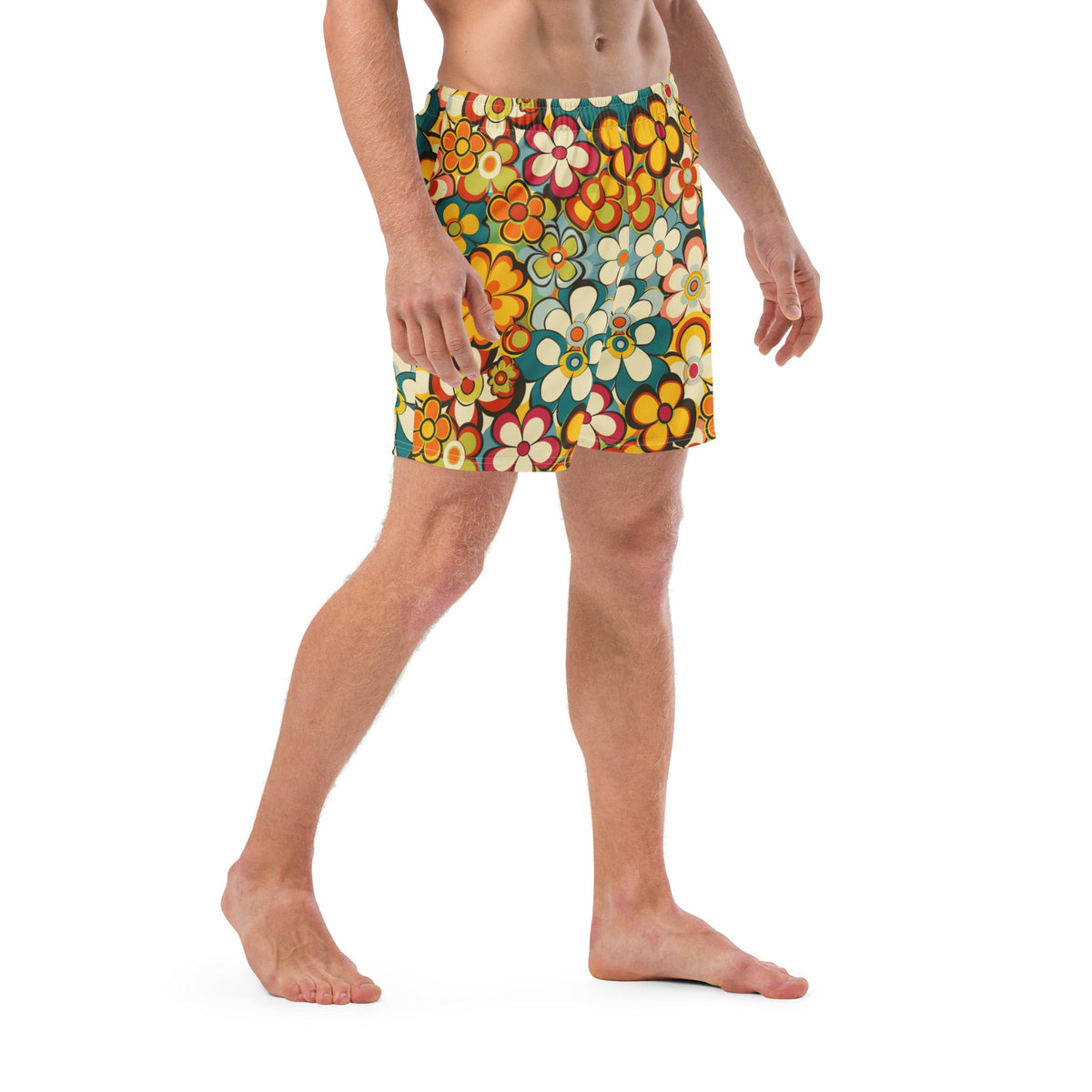 Baha Ranch Yeehaw Woodstock Retro Floral men's swim trunks, right front view