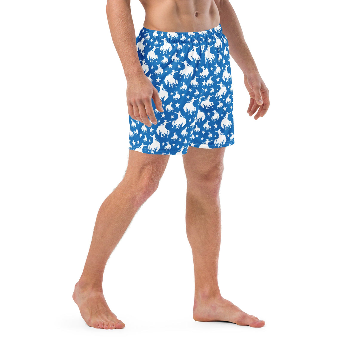Baha Ranch Yeehaw Blue Rodeo Cowboy men's swim trunks, right front view