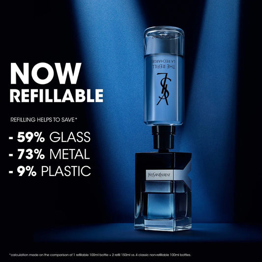 YSL perfume bottle with refillable feature on a blue background