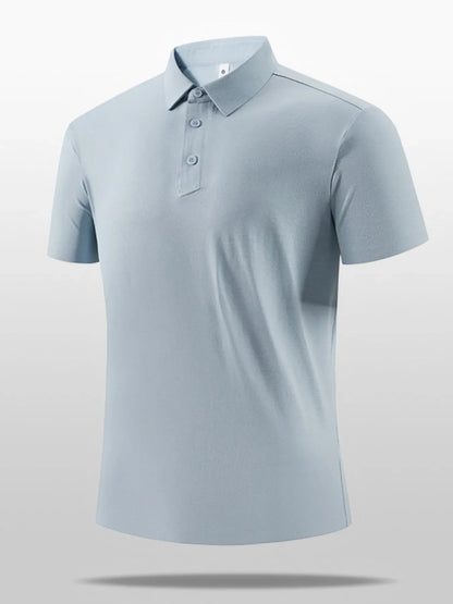 Light blue polo shirt on a gray background
