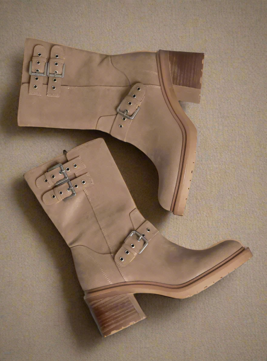Oasis Society Rider Block Heel Boots with Buckles, Taupe, product photo