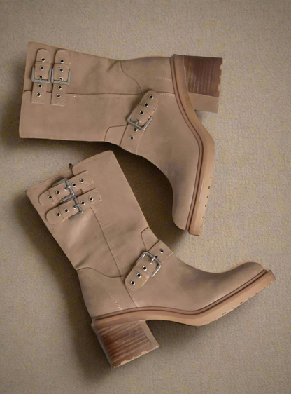 Oasis Society Rider Block Heel Boots with Buckles, Taupe, product photo
