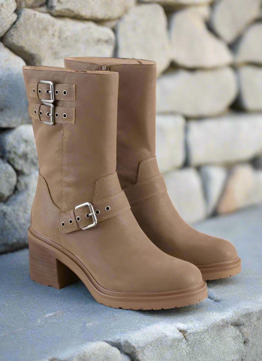 Oasis Society Rider Block Heel Boots with Buckles, Taupe, styled photo (2)