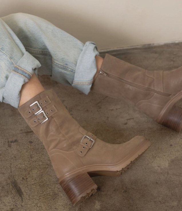Oasis Society Rider Block Heel Boots with Buckles, Taupe, product photo (2)