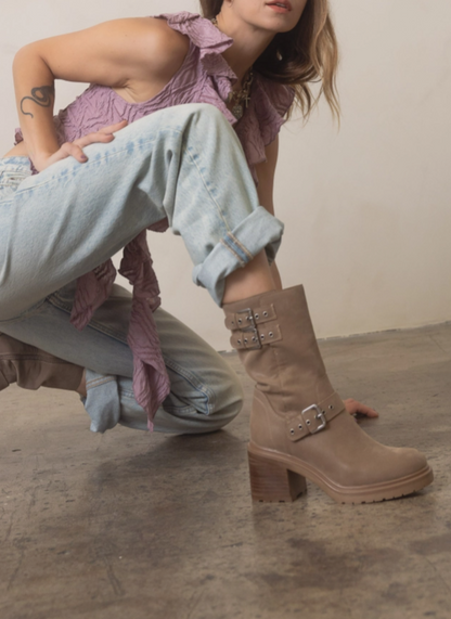 Oasis Society Rider Block Heel Boots with Buckles, Taupe, product photo (3)