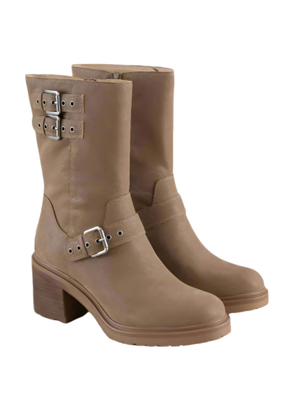 Oasis Society Rider Block Heel Boots with Buckles, Taupe, styled photo (3)